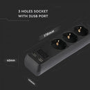 5m Extender-splitter 3 sockets 2 USB IP20 16A 250V 3680W black, V-TAC