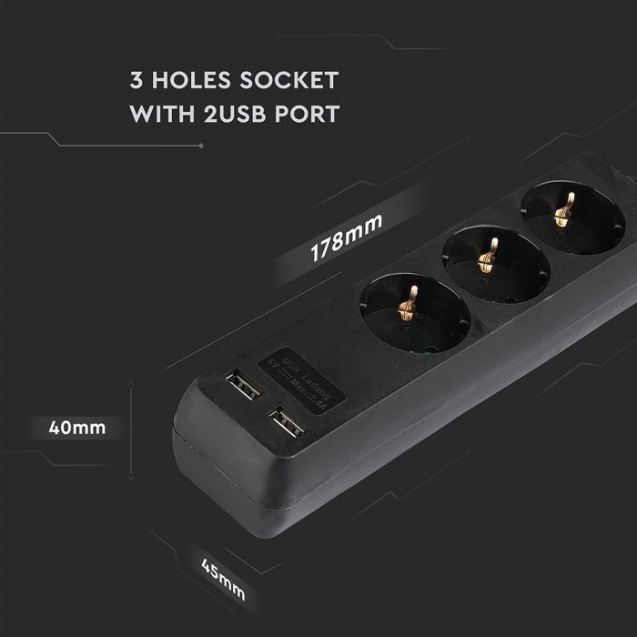 5m Pikendusvõrk 3 pistikupesa 2 USB IP20 16A 250V 3680W must, V-TAC