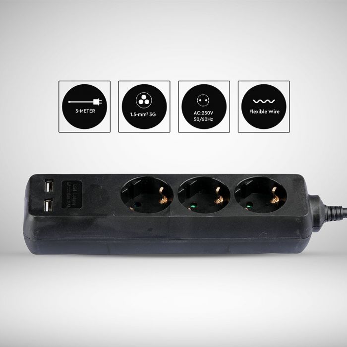 5m Extender-splitter 3 sockets 2 USB IP20 16A 250V 3680W black, V-TAC