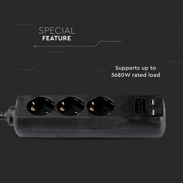5m Extender-splitter 3 sockets 2 USB IP20 16A 250V 3680W black, V-TAC
