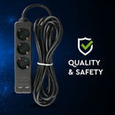 5m Extender-splitter 3 sockets 2 USB IP20 16A 250V 3680W black, V-TAC