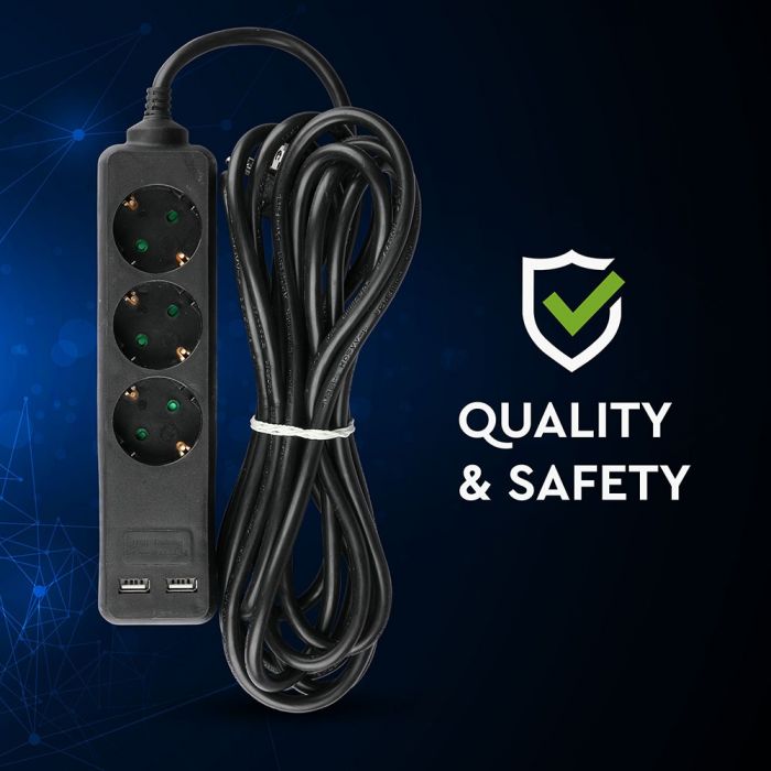 5m Pikendusvõrk 3 pistikupesa 2 USB IP20 16A 250V 3680W must, V-TAC