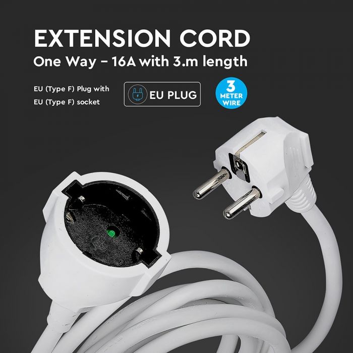 3m Extension cord IP20 16A 250V 3680W, V-TAC
