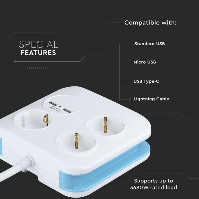 Adapter USB-ga, 16A, 3680W, AC:230V, IP20, V-TAC