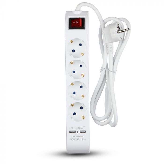 Удлинитель 1,4 м, 4 розетки, IP20 16A 250V 3680W, 2 USB, V-TAC