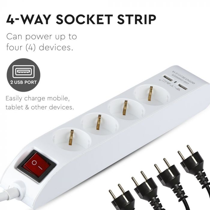 Удлинитель 1,4 м, 4 розетки, IP20 16A 250V 3680W, 2 USB, V-TAC