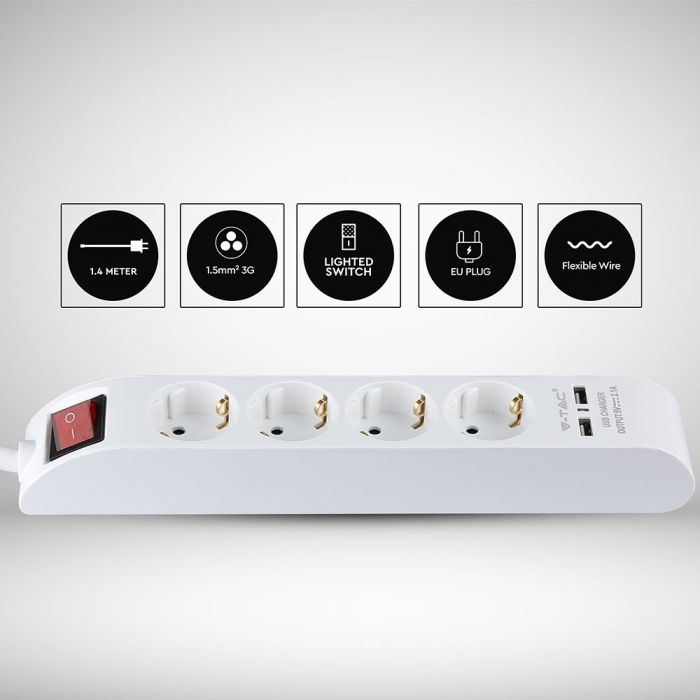 Удлинитель 1,4 м, 4 розетки, IP20 16A 250V 3680W, 2 USB, V-TAC