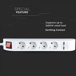 Удлинитель 1,4 м, 4 розетки, IP20 16A 250V 3680W, 2 USB, V-TAC