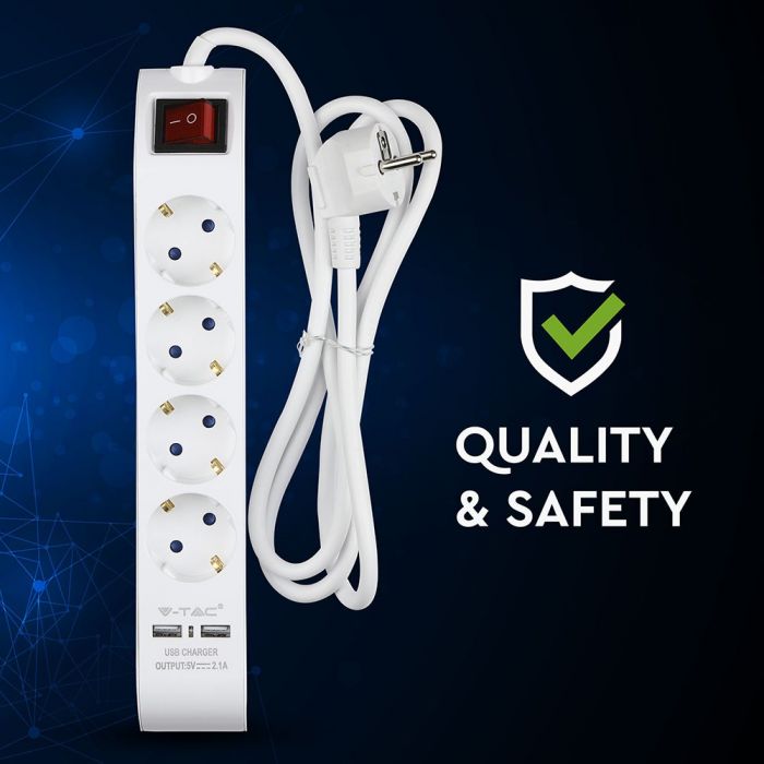 Удлинитель 1,4 м, 4 розетки, IP20 16A 250V 3680W, 2 USB, V-TAC
