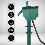 V-TAC 3m pikendus/adapter 4 pistikupesaga, IP44, 16A, 3500W, AC:230V, roheline, sobib välitingimustes kasutamiseks.