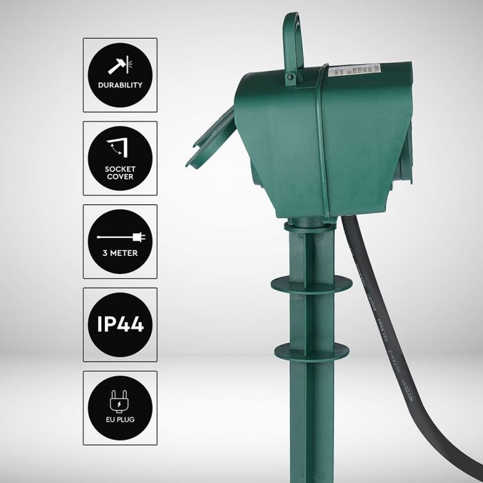 V-TAC 3m pikendus/adapter 4 pistikupesaga, IP44, 16A, 3500W, AC:230V, roheline, sobib välitingimustes kasutamiseks.