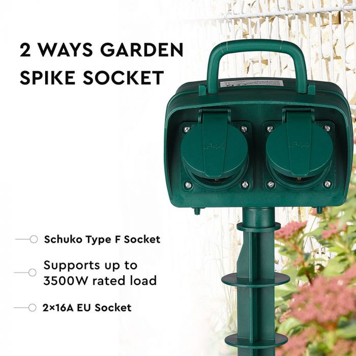 V-TAC 3m Pagarinātājs/sadalītājs ar 2 ligzdām, IP44, 16A, 3500W, AC:230V, zaļš, ar taimeri, piemērots lietošanai ārā