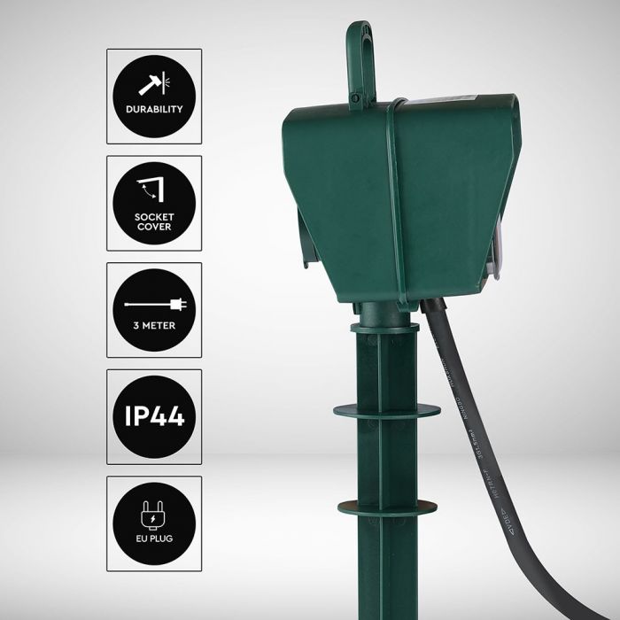 V-TAC 3m pikendus/adapter 2 pistikupesaga, IP44, 16A, 3500W, AC:230V, roheline, ajamiga, sobib välitingimustes kasutamiseks.