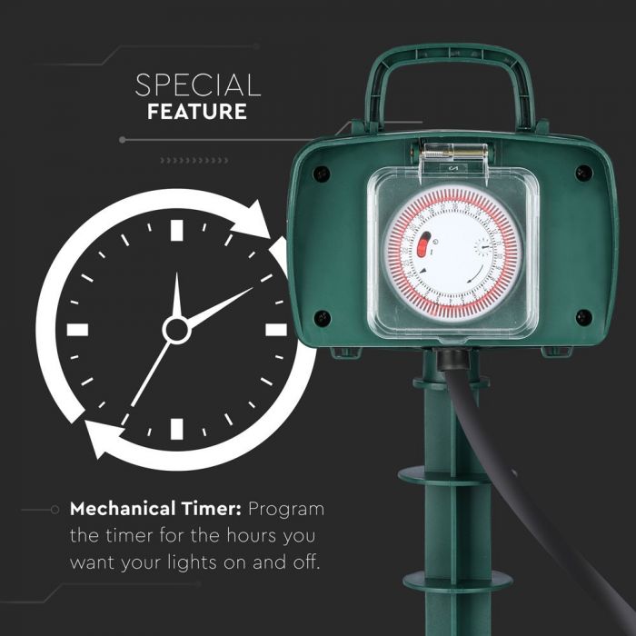 V-TAC 3m Pagarinātājs/sadalītājs ar 2 ligzdām, IP44, 16A, 3500W, AC:230V, zaļš, ar taimeri, piemērots lietošanai ārā