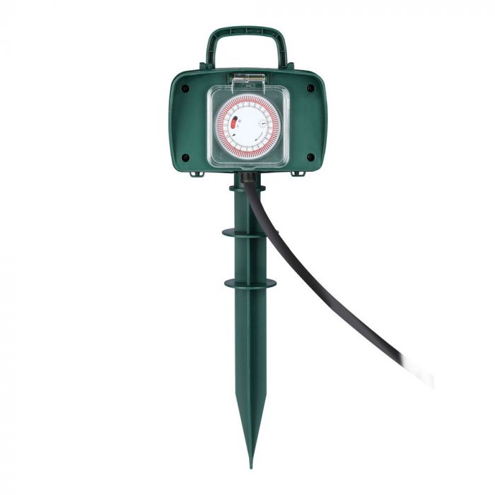 V-TAC 3m pikendus/adapter 2 pistikupesaga, IP44, 16A, 3500W, AC:230V, roheline, ajamiga, sobib välitingimustes kasutamiseks.