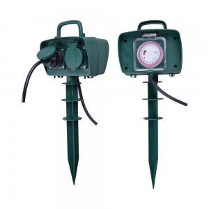 V-TAC 3m Extension/splitter with 2 sockets, IP44, 16A, 3500W, AC:230V, green, with timer, suitable for outdoor use