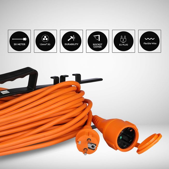 30m Extension cord, 1 socket, IP44 16A 230V 3500W, IP44, V-TAC