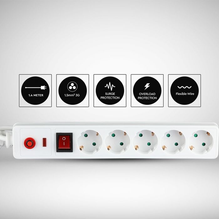 1.4m Pagarinātājs-sadalītājs 5 ligzdas IP20 16A 250V 3680W, V-TAC