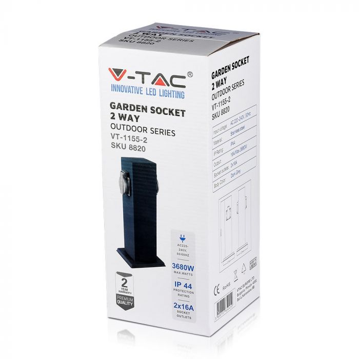 V-TAC Schuko type distributor with 2 sockets, 2x16A, IP44, dark grey, Max 3680W