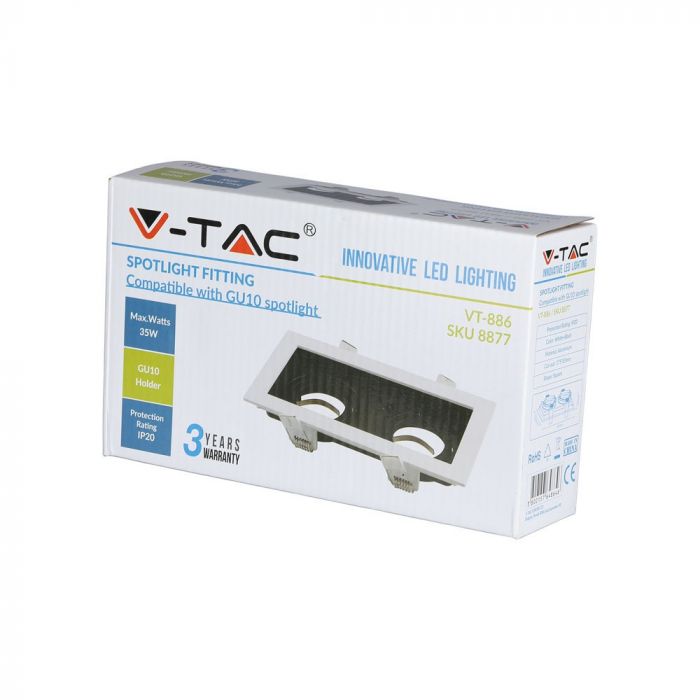 2xGU10 infälld ram/armatur, justerbar inverteringsriktning, kvadratisk, 185x100x45mm, infälld. Dimm. 175x92mm, svart/vit, V-TAC