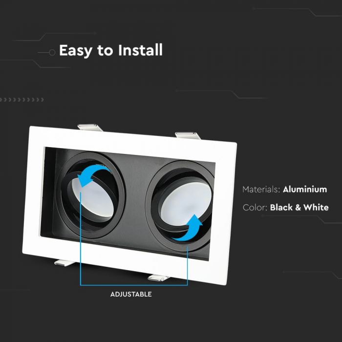 2xGU10 iebūvējams karkass/armatūra, regulējams apg. virziens,  kvadrāta formas, 185x100x45mm, iebūv. Izm. 175x92mm, melns/balts, V-TAC