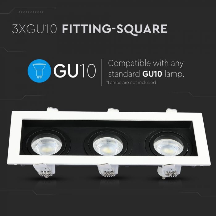 Встраиваемая рамка/светильник 3xGU10, IP20, квадратная, алюминий, черный/белый, V-TAC