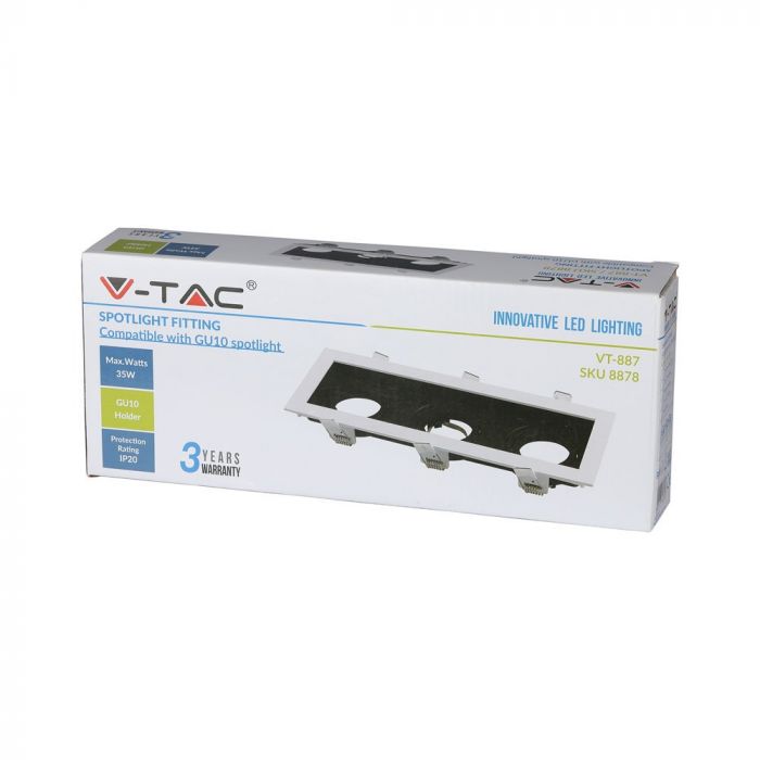 3xGU10 recessed frame/fixture, adjustable light direction, square, 270x100x45mm, recessed. 256x85mm, black/white, V-TAC