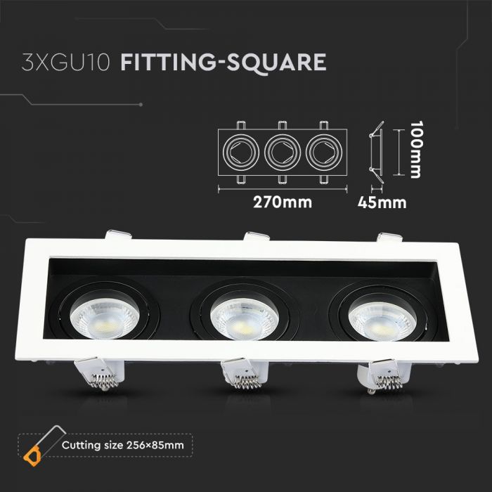3xGU10 recessed frame/fixture, adjustable light direction, square, 270x100x45mm, recessed. 256x85mm, black/white, V-TAC