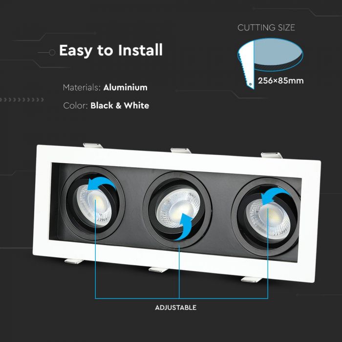 3xGU10 recessed frame/fixture, adjustable light direction, square, 270x100x45mm, recessed. 256x85mm, black/white, V-TAC