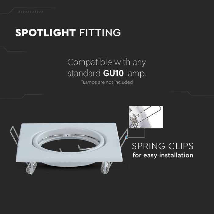 GU10 recessed frame/fixture, 2 pcs, square, adjustable light direction, 82x82X27mm, recessed. Ø70mm, white, V-TAC