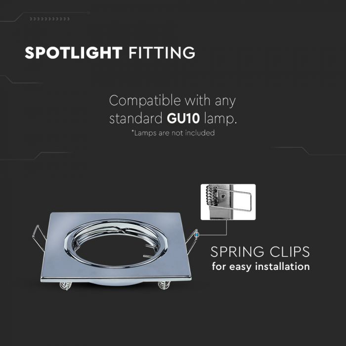 GU10 recessed frame/fixture, 2 pcs, square, adjustable light direction, 82x82X27mm, recessed. Ø70mm, chrome plated, V-TAC