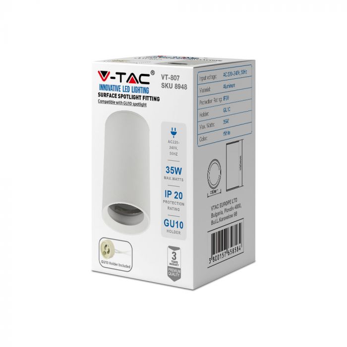 GU10 bulb frame, round, white, Ø60 x 100mm, max35W, IP20, V-TAC