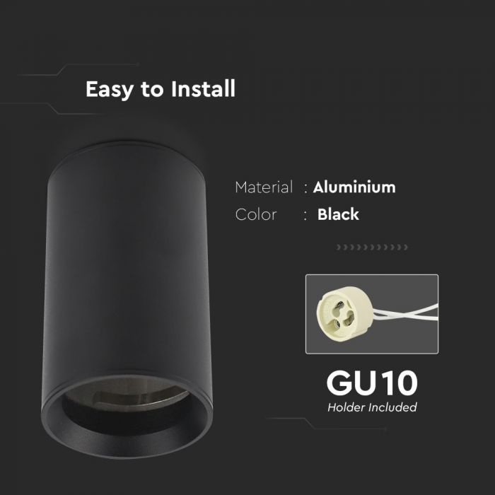 Рамка для лампы GU10, круглая, черная, Ø60 x 100 мм, max35 Вт, IP20, V-TAC