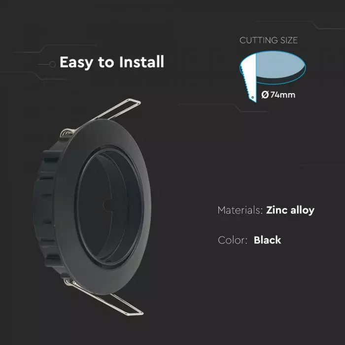 GU10 recessed frame/fixture, round, adjustable lighting angle, Ø82X25 mm, recessed Ø74 mm, black, V-TAC