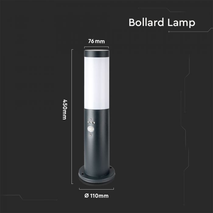 V-TAC Surface-Mounted Light Fixture Frame with Motion Sensor, h45CM, with 1xE27 LED Bulb (bulb not included), Gray, IP44