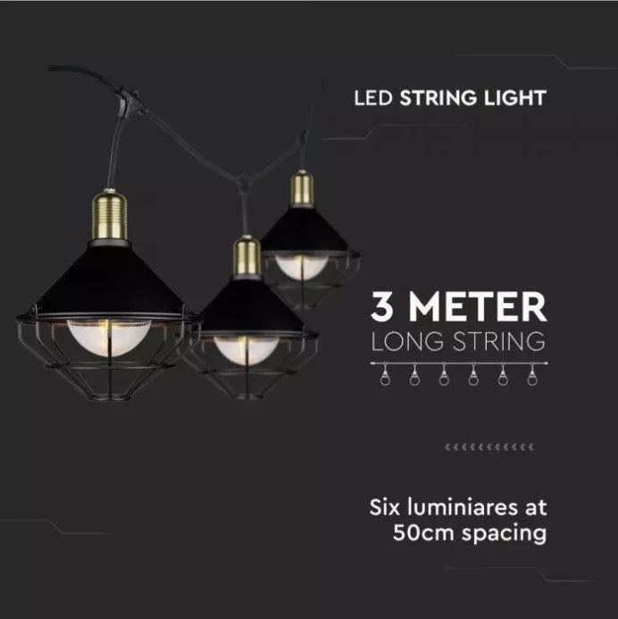 3m ‘’Vintage design’’ virtene, paredzēta 6x E27 spuldzēm, V-TAC, IP65,melna matēta, attālums starp cokoliem 0.5m x6gb, cokola diametrs 25cm, 8kg