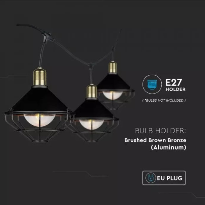3m ‘’Vintage design’’ virtene, paredzēta 6x E27 spuldzēm, V-TAC, IP65,melna matēta, attālums starp cokoliem 0.5m x6gb, cokola diametrs 25cm, 8kg
