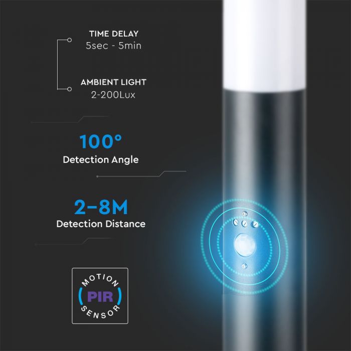 V-TAC Utanpåliggande armatur med 1xE27 LED-lampa (glödlampa ingår ej), IP44, 60cm, max60W, med PIR-sensor och sockel, grå
