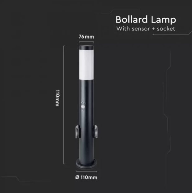 V-TAC utanpåliggande armatur, E27-kompatibel, IP44, 60cm, max60W, med PIR-sensor och sockel, svart