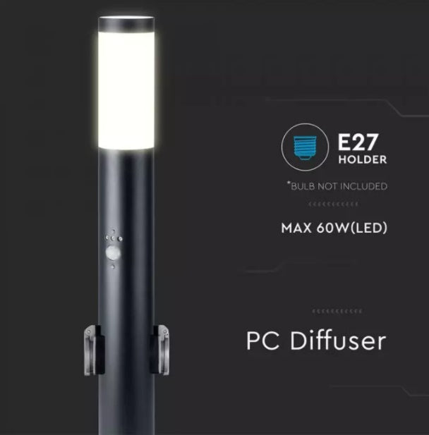 V-TAC pinnapealne valgusti, E27 ühilduv, IP44, 60cm, max60W, PIR-anduriga ja pistikupesaga, must