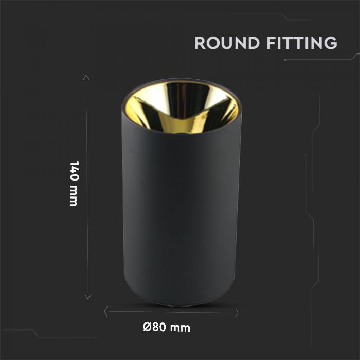 GU10 overmoulded frame/fixture, IP20, round, black/gold, Ø80x140mm, max 35W, V-TAC
