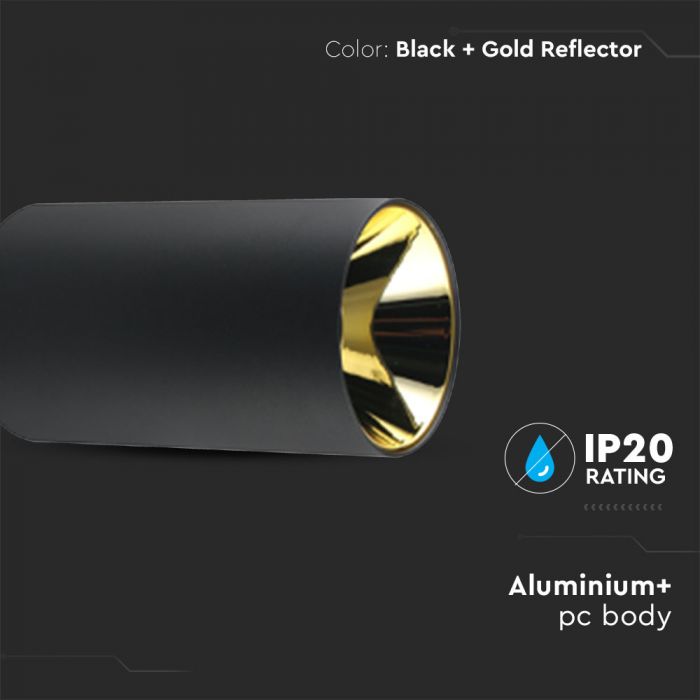 GU10 overmoulded frame/fixture, IP20, round, black/gold, Ø80x140mm, max 35W, V-TAC