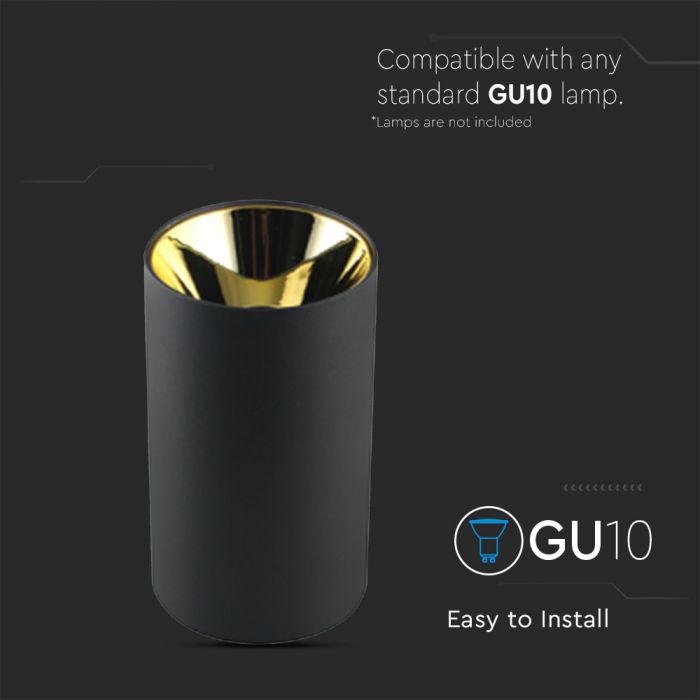 GU10 overmoulded frame/fixture, IP20, round, black/gold, Ø80x140mm, max 35W, V-TAC