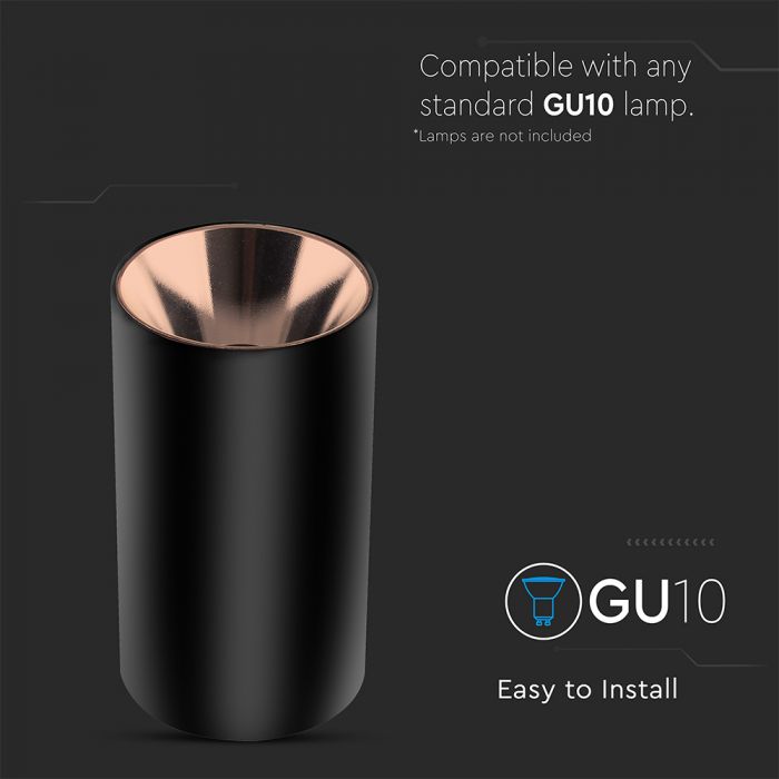 GU10 toppram/armatur, IP20, rund, svart/roséguld, Ø80x140mm, max 35W, V-TAC