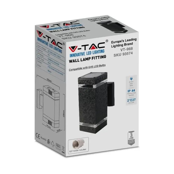 V-TAC FAsādes gaismeklis ar 2xE27 LED spuldzēm (spuldzes nav iekļautas), melns,  IP44