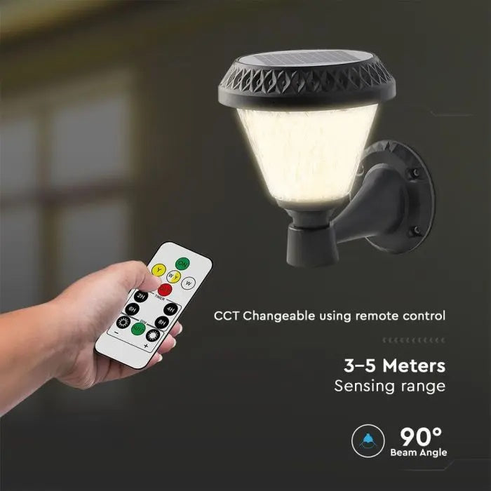 0.8W(75Lm) LED Solārais Fasādes gaismeklis ar tālvadības pulti, V-TAC, IP44, RF, CCT, 3IN1, melns