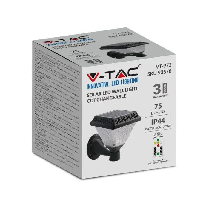 0.8W(75Lm) LED Solārais Fasādes gaismeklis ar tālvadības pulti, V-TAC, IP44, RF, CCT, 3IN1, melns