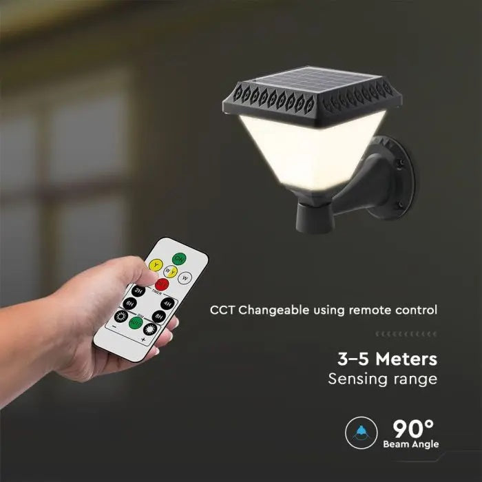 0.8W(75Lm) LED Solārais Fasādes gaismeklis ar tālvadības pulti, V-TAC, IP44, RF, CCT, 3IN1, melns