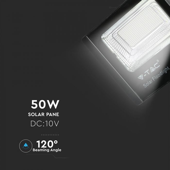 50W(4200Lm) LED Prožektors ar saules bateriju 25000mAh, V-TAC, IP65, melns korpuss, auksti balta gaisma 6000K