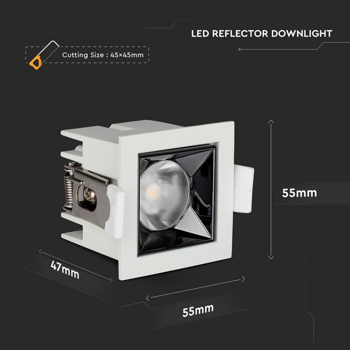 4W(320Lm) LED iebūvējams reflektora tipa kvadrāta formas gaismeklis, regulējams leņķis 12°, V-TAC SAMSUNG, IP20, garantija 5 gadi, auksti balta gaisma 5700K